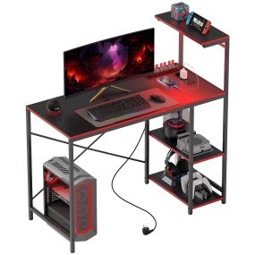 Mesa gaming 110x50 cm de fibra de carbono con luces LED, tomas de corriente y estantes negro