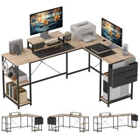 Escritorio esquinero reversible en L 168-240 cm industrial natural con soporte monitor y CPU