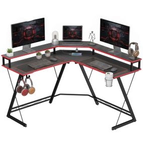 Escritorio Esquinero con Enchufes, Mesa Escritorio en Forma de L, 128x128 cm, con Soporte para Monitor, Gancho para Auriculares y Portavasos, Mesa de Ordenador para Oficina, Casa, Negro