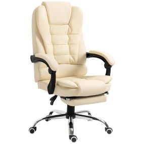 Silla de oficina reclinable giratoria con reposapiés y altura ajustable tapizada en PU crema