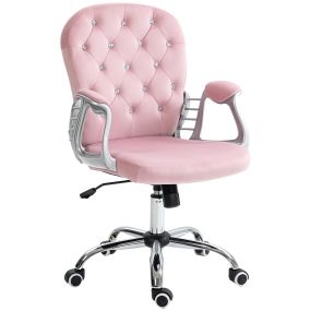 Silla de oficina giratoria tapizada en terciopelo rosa con altura ajustable y reposabrazos