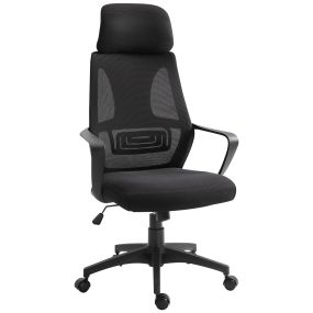 Silla de oficina ajustable con respaldo, reposabrazos, reposacabezas, ruedas y soporte lumbar negra