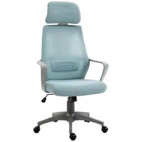 Silla de oficina ajustable con respaldo, reposabrazos, reposacabezas, ruedas y soporte lumbar azul