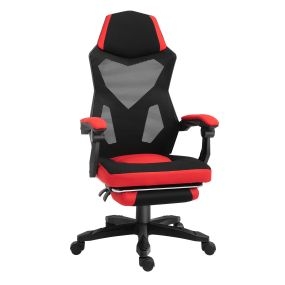 Silla gaming giratoria de malla roja con reposapiés retráctil, respaldo reclinable y alto, altura ajustable y reposabrazos acolchados