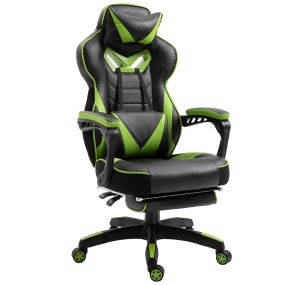 Silla gaming ergonómica regulable en altura reclinable con reposapiés y cojín lumbar verde