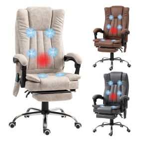Silla de oficina giratoria con masaje vibratorio, respaldo reclinable 135°, calefacción, reposapiés, crema