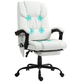 Silla de oficina giratoria con masaje vibratorio de 6 puntos, respaldo alto, reclinable, altura ajustable, reposapiés y mando a distancia, blanca