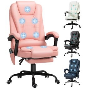 Silla de oficina giratoria con 7 puntos de masaje, reposapiés retráctil, altura ajustable, PU rosa