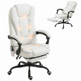 Silla de oficina giratoria reclinable con masaje vibratorio, reposapiés, PU, blanca