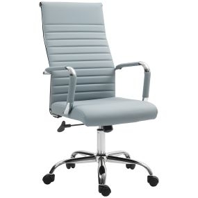 Silla de oficina giratoria con respaldo alto, altura ajustable, basculante y reposabrazos, gris claro tapizada en cuero sintético