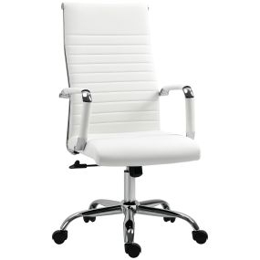 Silla de oficina giratoria con respaldo alto, ruedas, altura ajustable, basculante y reposabrazos, cuero sintético blanco