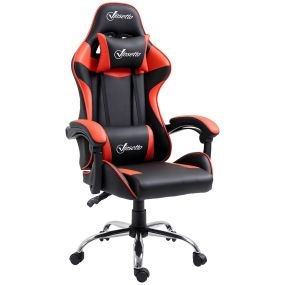 Silla gaming giratoria reclinable 135° con altura ajustable, reposacabezas y cojín lumbar, rojo 63x67x122-130 cm