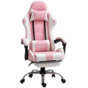 Silla gaming reclinable giratoria con reposacabezas, reposapiés y cojín lumbar, rosa, 64x67x119-127 cm