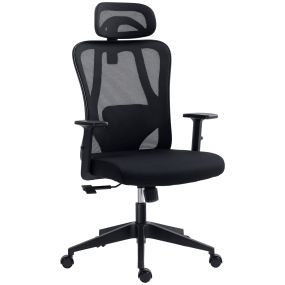 Silla de oficina giratoria regulable en altura con reposabrazos 2D, reposacabezas, soporte lumbar, respaldo alto y malla transpirable negro 67x64x117-127 cm