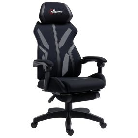 Silla gaming giratoria reclinable con reposapiés, reposacabezas y altura ajustable, negro 65x65x119-129 cm