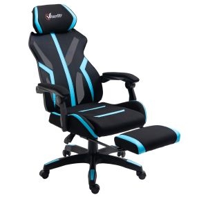 Silla gaming giratoria reclinable con reposapiés, reposacabezas y altura ajustable 65x65x119-129 cm negro y azul