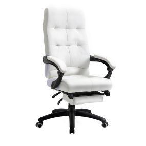 Silla de oficina giratoria reclinable tapizada en PU blanca con altura ajustable y reposapiés 65x65x118-125 cm