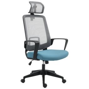 Silla de oficina ergonómica giratoria con altura ajustable, soporte lumbar, malla azul y gris