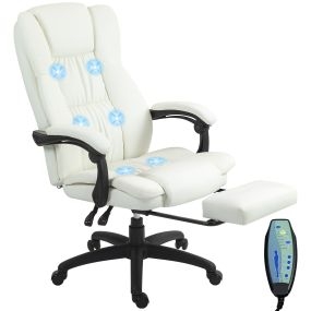 Silla de oficina giratoria crema con masaje vibratorio, respaldo reclinable, altura ajustable y reposapiés retráctil