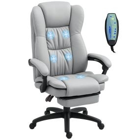 Silla de oficina giratoria gris claro con masaje vibratorio, respaldo reclinable, altura ajustable y reposapiés retráctil