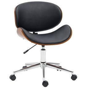 Silla de oficina con ruedas tapizada en PU, asiento ancho curvado de madera, respaldo acolchado, altura ajustable, sin brazos, negra