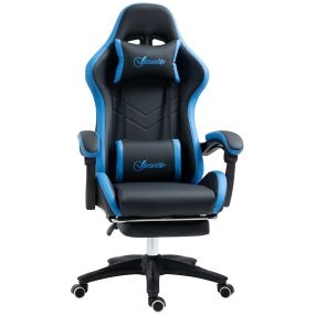 Silla gaming ergonómica de cuero PU reclinable 135° con soporte lumbar, negro y azul