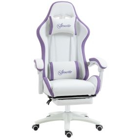 Silla gaming ergonómica de cuero PU reclinable 135° con soporte lumbar blanco y violeta