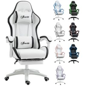 Silla gaming ergonómica de cuero PU reclinable 135° con soporte lumbar, blanco y negro