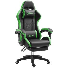 Silla Gaming Ergonómica, Silla Gamer de Cuero PU con Reclinable 135°, Soporte Lumbar, Altura Ajustable, Reposacabezas y Reposapiés Retráctil, para Oficina, Estudio, Negro y Verde
