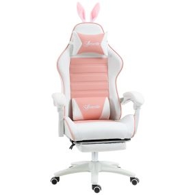 Silla gaming ergonómica reclinable 135° de cuero PU rosa con soporte lumbar y reposapiés retráctil