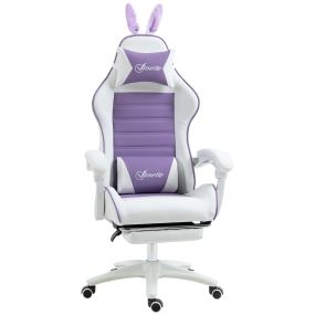 Silla gaming ergonómica reclinable 135° de cuero PU púrpura con soporte lumbar y reposapiés retráctil