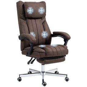 Silla de masaje giratoria reclinable con 6 puntos, altura ajustable, reposapiés y reposacabezas, marrón oscuro