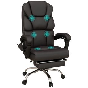 Silla de masaje reclinable con 6 puntos de vibración, cuero PU, reposapiés, marrón, 63x57x118-126 cm