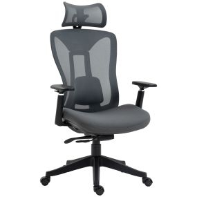 Silla de oficina de malla reclinable con reposacabezas, soporte lumbar y reposabrazos 3D gris
