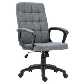 Silla de oficina giratoria tapizada en lino sintético gris oscuro con altura ajustable y ruedas