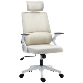 Silla de oficina de malla giratoria con altura ajustable, reposacabezas, soporte lumbar y reposabrazos, beige, carga 120 kg