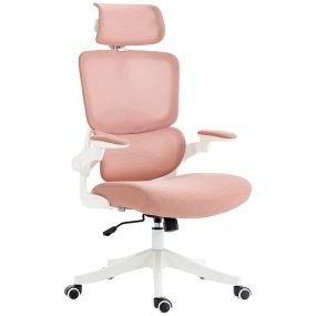 Silla de oficina de malla giratoria con respaldo alto, reposacabezas, reposabrazos y soporte lumbar rosa 62x58x120-133 cm
