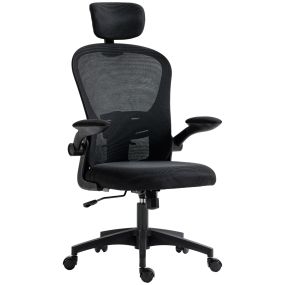 Silla de oficina de malla giratoria con respaldo alto, reposacabezas, soporte lumbar 4D y brazo abatible, negro