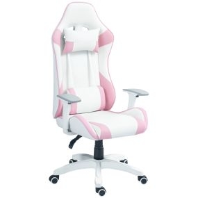 Silla gaming reclinable giratoria profesional con cojín lumbar, reposabrazos 3D y reposacabezas, blanco y rosa
