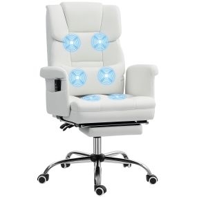 Silla de oficina ergonómica giratoria con masaje vibratorio, reposapiés, altura ajustable, PU blanco