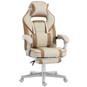 Silla gaming reclinable crema con altura ajustable, reposapiés retráctil, soporte lumbar y reposacabezas desmontable para oficina y estudio