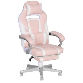 Silla gaming reclinable con altura ajustable, reposapiés, soporte lumbar y reposacabezas rosa