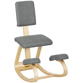 Silla ergonómica de rodillas con respaldo, cojines acolchados, marco de madera, gris
