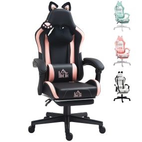 Silla Gaming con Orejas Silla Gamer Reclinable 135° con Altura Ajustable Reposapiés Retráctil Soporte Lumbar Giratorio 360° y Reposacabezas Desmontable Silla para Oficina Estudio Negro