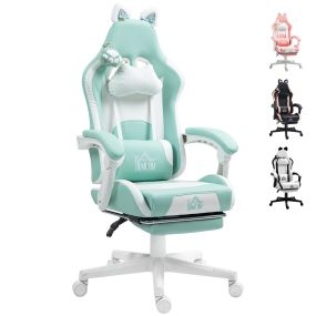 Silla gaming reclinable 135° con altura ajustable, reposapiés, soporte lumbar y reposacabezas verde menta