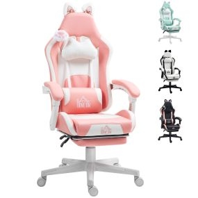 Silla gaming reclinable 135° rosa con reposapiés retráctil, soporte lumbar y reposacabezas desmontable