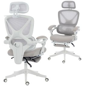 Silla de oficina de malla reclinable con reposacabezas, soporte lumbar, reposapiés y altura regulable, gris claro