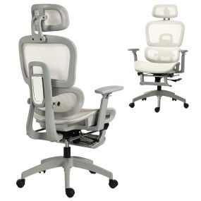 Silla de Oficina Ergonómica de Malla, Silla de Escritorio con Reposabrazos 3D, Reclinable a 135°, Reposacabezas Ajustable, Respaldo Alto, Soporte Lumbar, Reposapiés, Altura Ajustable, Beige