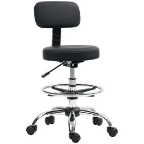 Taburete giratorio con ruedas y respaldo, altura ajustable, cuero sintético, negro