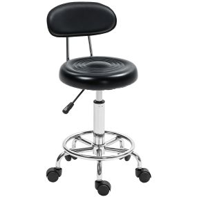 Taburete giratorio con ruedas y respaldo altura regulable 70-86 cm asiento tapizado en cuero sintético negro
